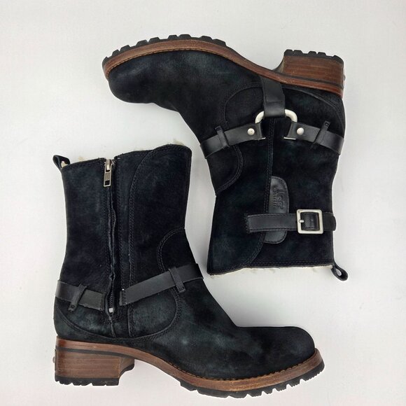 UGG Endell Black Suede Shearling-Lined Moto Boots With Buckle Accents Size 7 - Picture 4 of 16